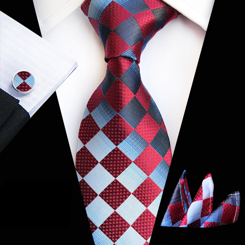  Striped Black Red Mens Fashion Necktie Handkerchief Cufflinks for Tuxedo Accessory Classic Silk Luxury Tie for Man Gift