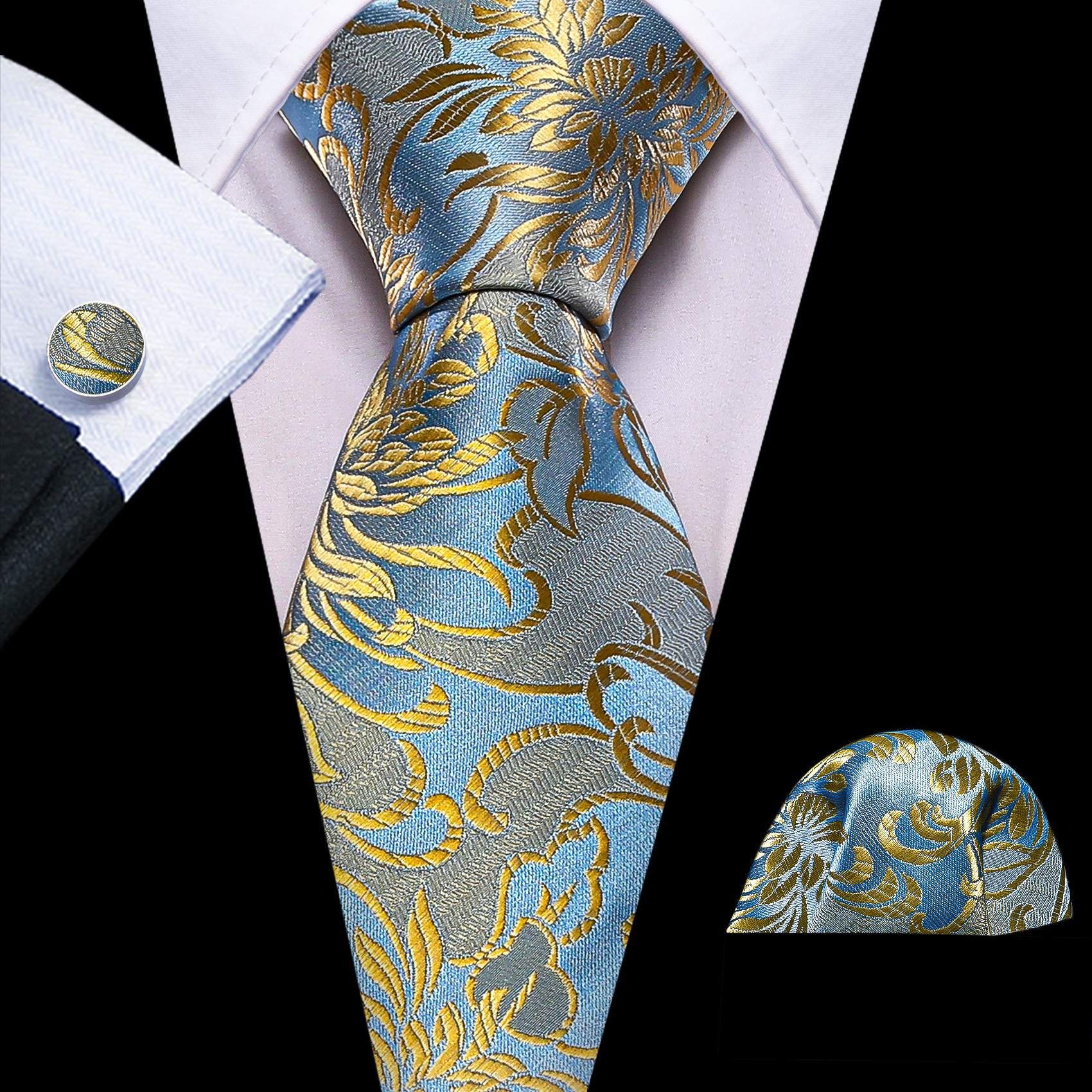 Exquisite Folral Teal Men Tie High Quality Silk Pocket Square Cufflinks Sets Elegant Jacquard Necktie Wedding Party Barry.Wang