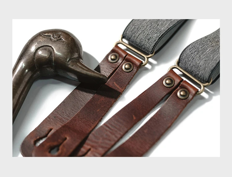 Retro Narrow Y-Back Suspenders Adjustable Elastic Braces Leather Tabs