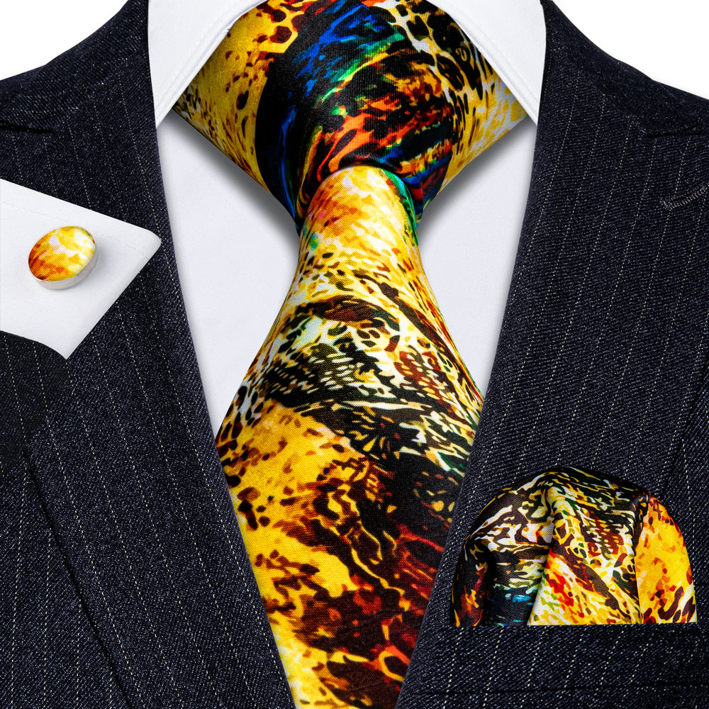 Designer Gold Print Silk Tie For Men High Quality Pocket Square Cufflinks Sets Party Birthday Gifts Necktie Barry