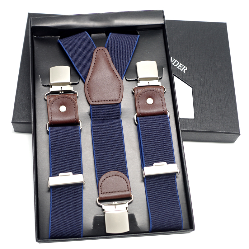 Leather Suspender Mens Navy BlueElastic Suspender Trousers 3Clips-on Men Suspenders Length-adjustable Strap 3.5cm*120cm 