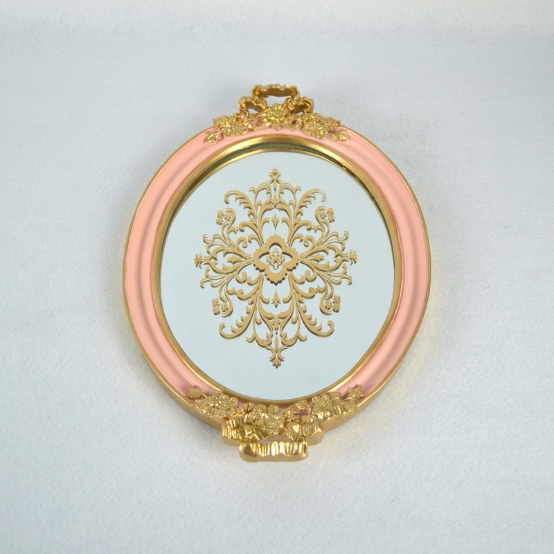 New Design Pink And Gold Polyresin Mirror Tray