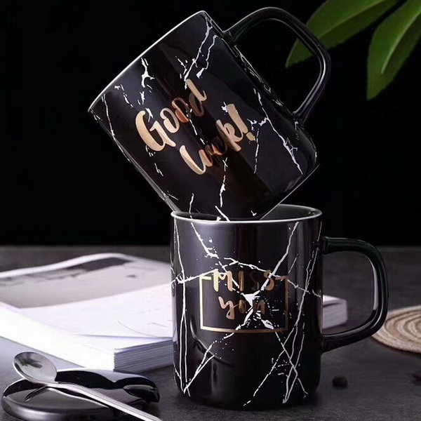 Hand Painted White And Black Marble Ceramic Mug with Spoon