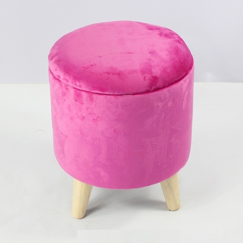Round velvet storage ottoman stool with 4 wooden legs in kd
