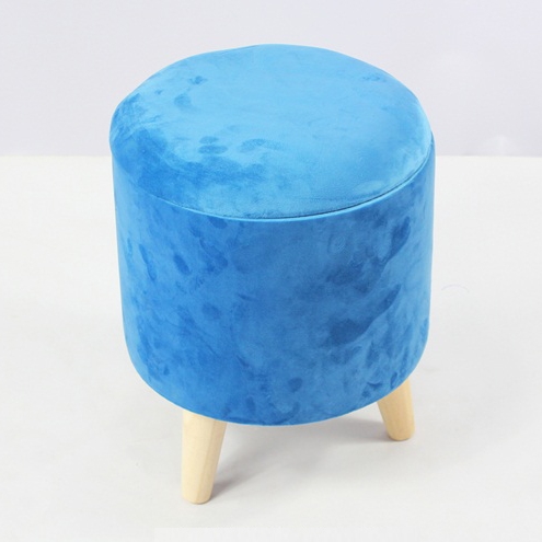 Round velvet storage ottoman stool with 4 wooden legs in kd