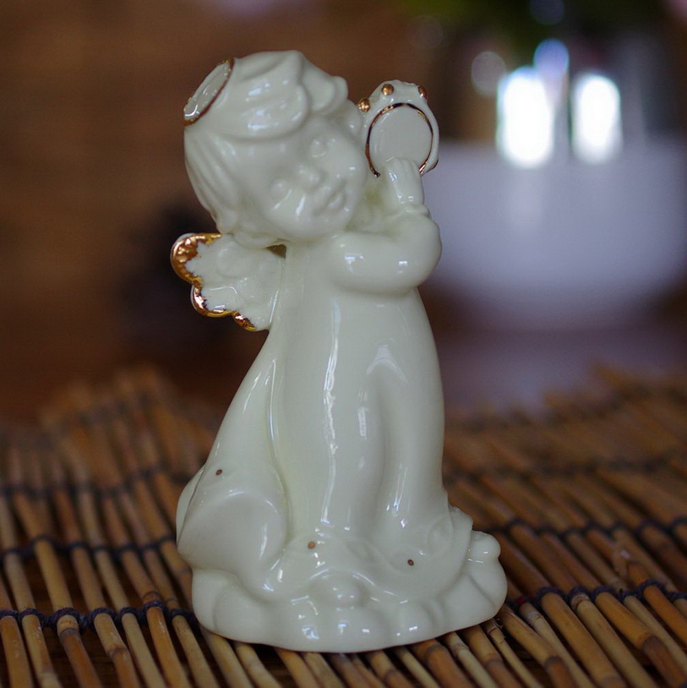 Indoor White Ceramic Angel Statue with Heart Porcelain Angel