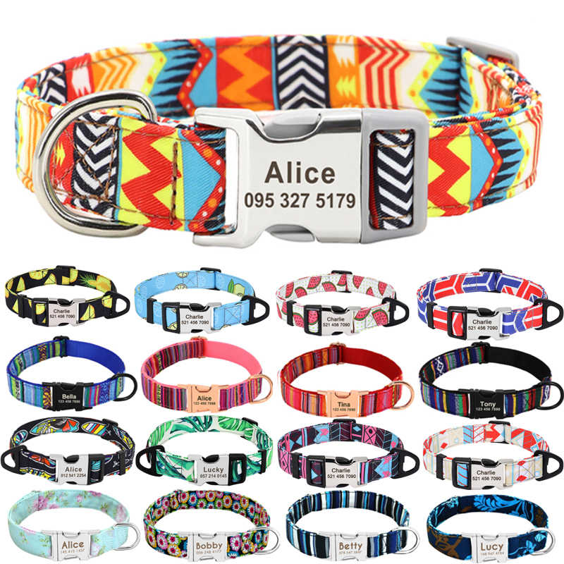 Custom Large Dog Collar Cute Print Personalized Pet Collar Nylon Puppy Dogs ID Collars Engraved Name for Small Medium Large Dog