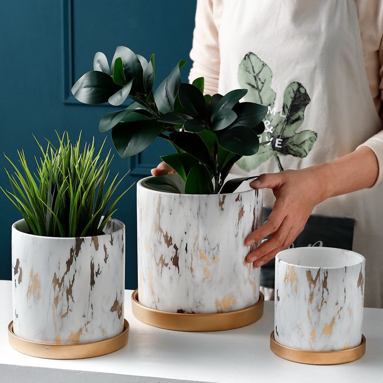1pc Marble Style Creative Ceramic Plant Pot With Gold Tray Household Decoration Plants Holder