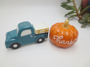 Ceramic Pickup Truck And Pumpkin Lemon Salt And Pepper Shaker Set, Handpainted,