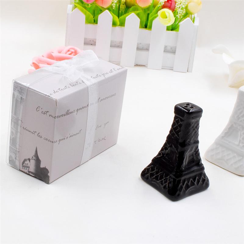 2pcs Vintage Eiffel Tower Salt Pepper Shaker Ceramic Spice Sauces Jar Condiment Bottles Wedding Souvenirs (Black And White)
