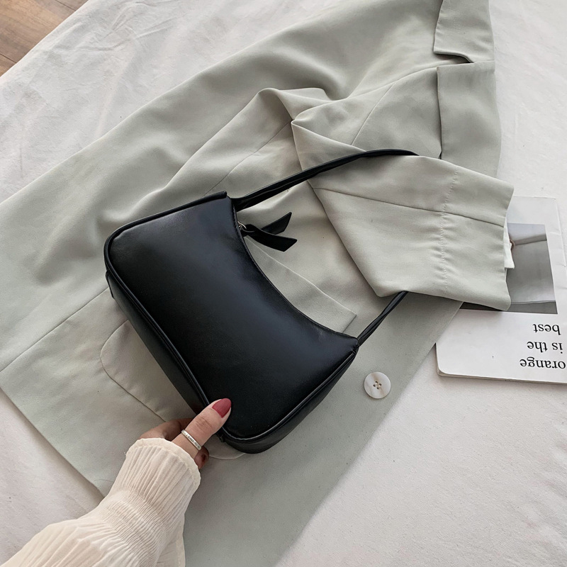 Retro Forearm Bag Women's Bow Handbag PU Leather Baguette Bag Western Style Single Shoulder Minimalist