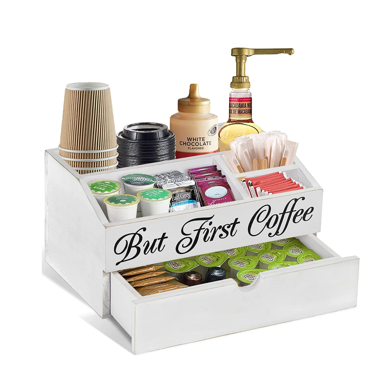 Wholesale White Coffee Bar Station Coffee And Tea Organizer Wood Coffee Pod Holder With Drawer