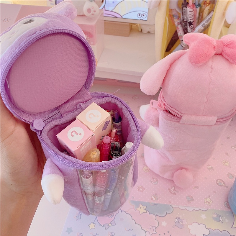 Kawaii Sanrio Plush Pencil Case Cartoon Kuromi Melody Cinnamoroll Plush Doll Cute Transparent Pen Holder Box Toys For Girls Gift