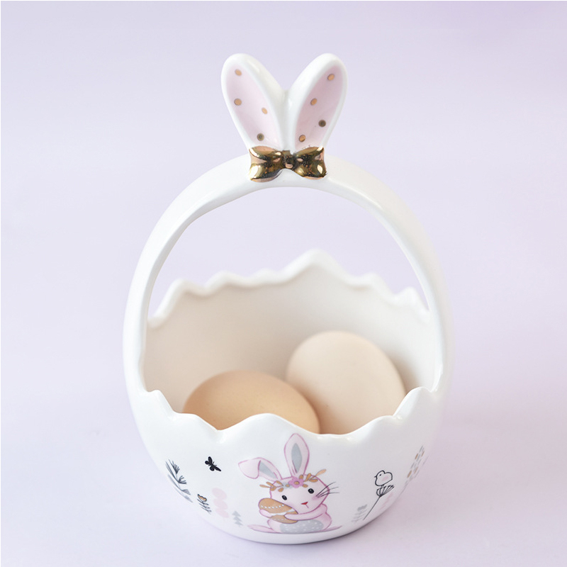Easter Rabbit Ceramics Basket Cute Food Storage Container Kitchen Egg Candy Snacks Fruit Organizer Basket Household Decoration