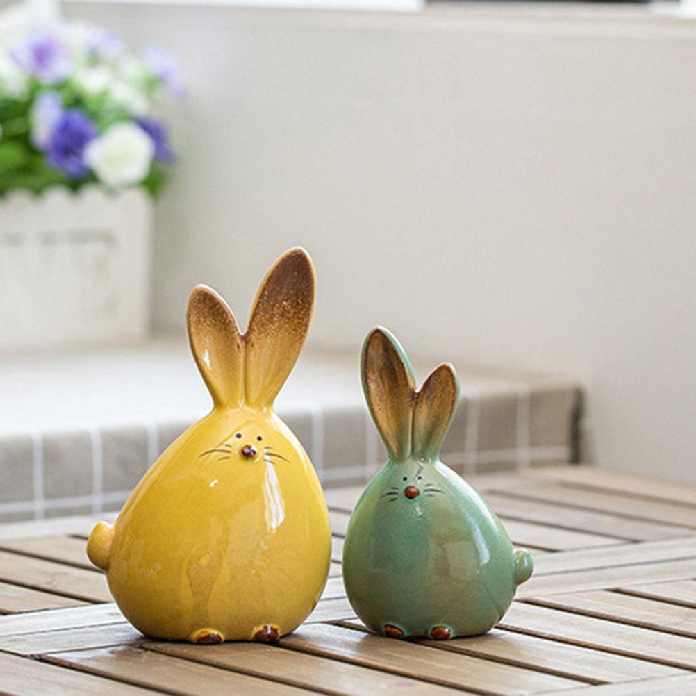 Ceramic Rabbit Figurines Easter Long Ear Bunny Ornament Desktop Animal Doll Home Office Room Decoration