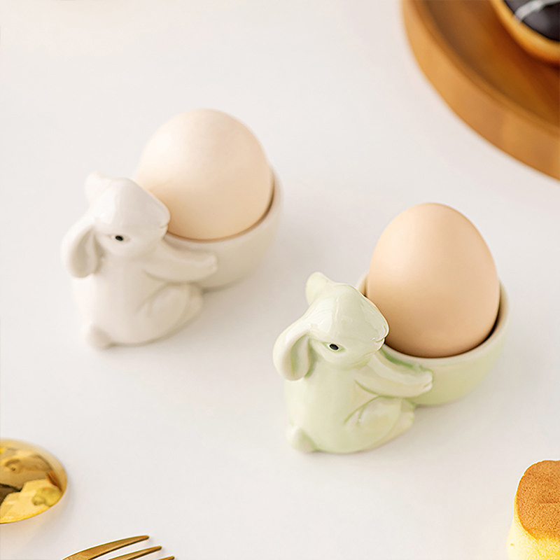 Ceramic Rabbit Shape Egg Cup Easter Cute Bunny Shaped Egg Stand Holder Tabletop Ornaments Hard Boiled Egg Holder For Lunch Decor