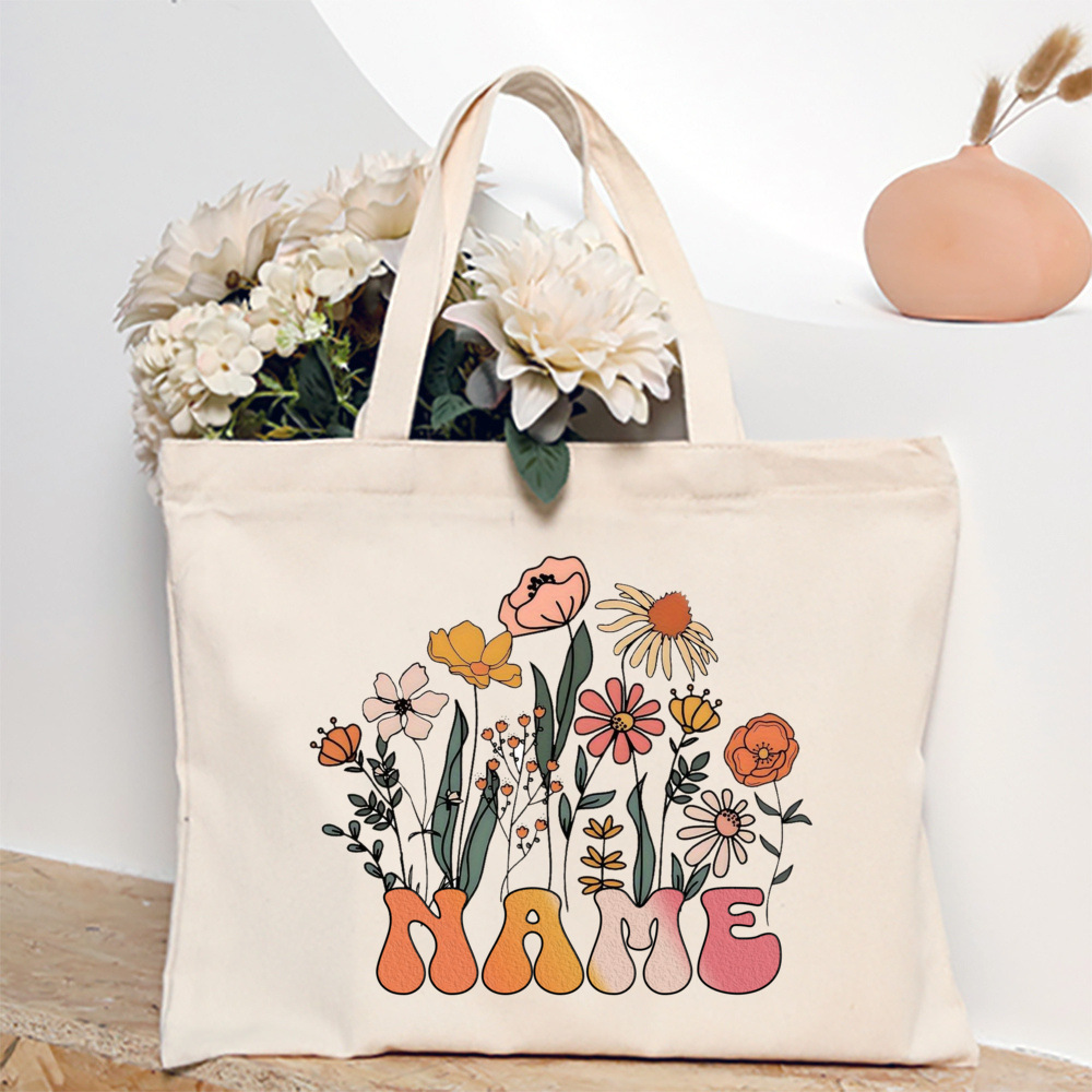 Personalized Flower with Name Tote Bag Women Canvas Shoulder Bags Monogram Shopping Bag Handbags Birthday Wedding Gifts For Her