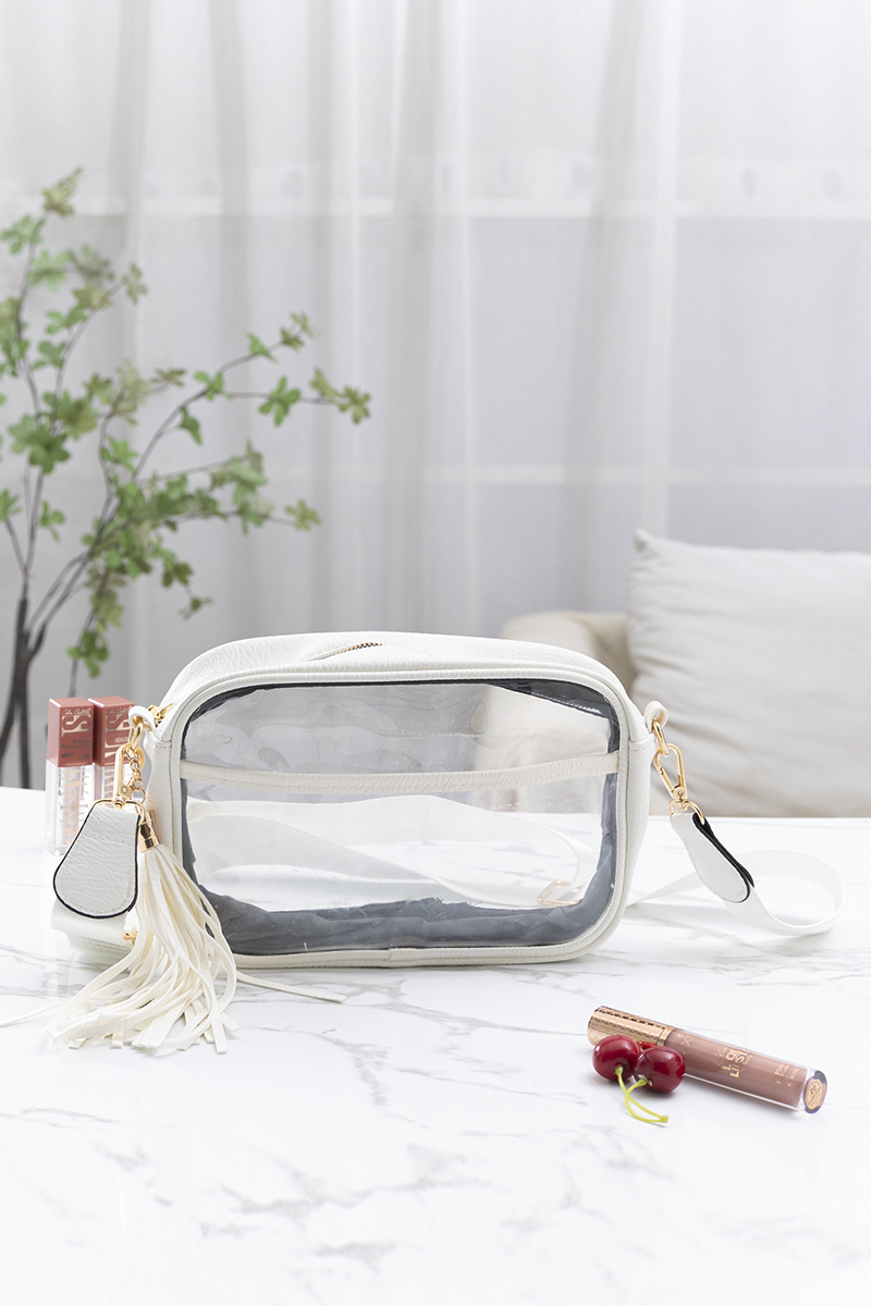 Hot Sell Custom Solid Color Outlined Rectangular Clear Messenger Bag Purse Waterproof PVC Stadium Crossbody Bag with Tassel