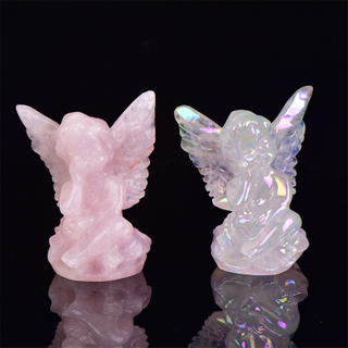 8.3cm Natural Rose Quartz Angel Carving Crystal Reiki Healing Figurine Trinket Craft Gift Home Decoration 1pcs