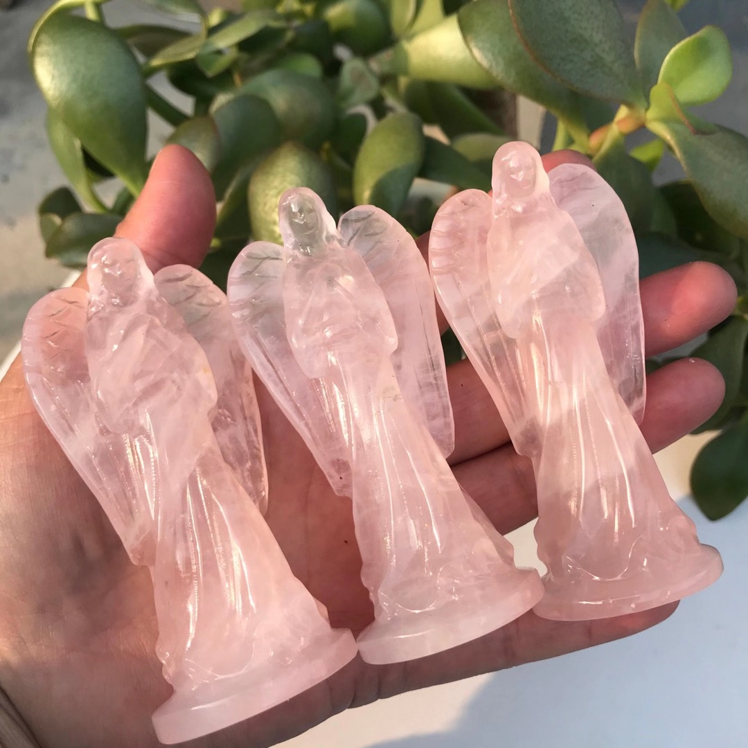 90mm Natural Pink Crystal Angel Statue Stone Carving Pink Crystal Reiki Healing Figurine Home Decoration Trinket Craft Gift 1pcs