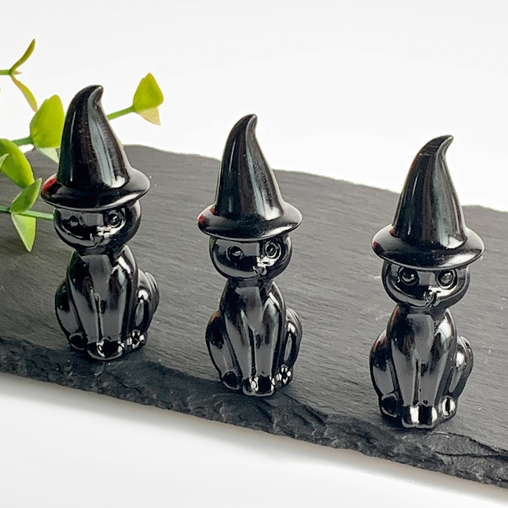 1PC Black Obsidian Crystal Carved Cat Figurine with Witch Hat, Natural Rock Crystal Handcrafted Cat Statue, Decorative Gemstone