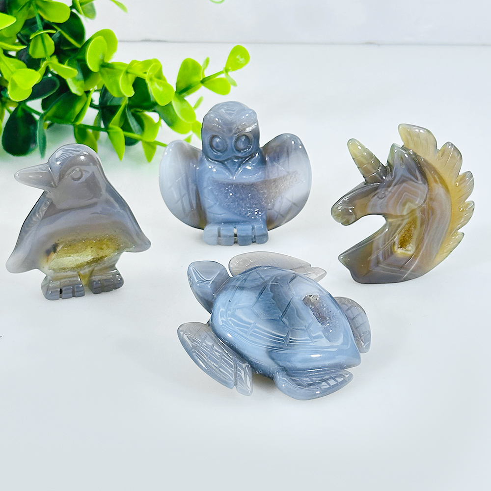 1PC Natural Agate Unicorn,Owl,Turtle,Penguin Natural Crystal，Mineral Collectible Specimen，Small Ornament Decor Art Carving