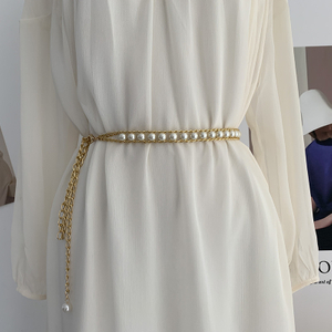 Simple Pearls Beaded Belt Women Gold Color Metal Waist Chain Korean Elegant All Match Female Dress Sweater Decoration Waistband