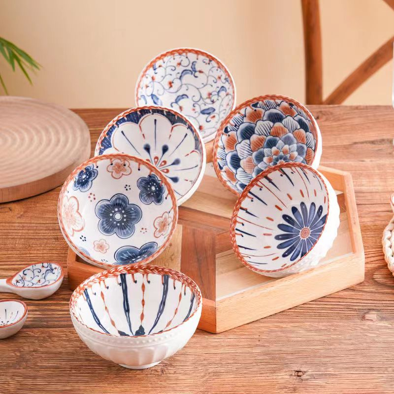 Japanese Retro Household Noodle Bowl Ceramic Bowl Print Embossed Anti-scalding Bowl Pasta Bowl Kitchen Tableware Microwave Oven