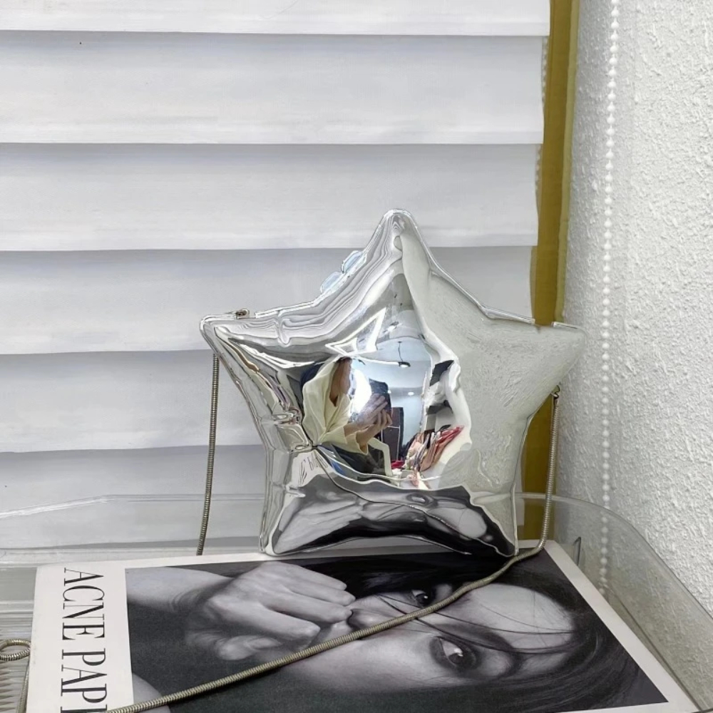 1Pc Nice Design Gold And Silver Chain Women's Evening Bags 2024 New Bright Face Five Pointed Star Shoulder Bag Funny Party Bag