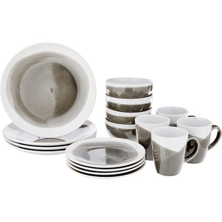 Round Dinnerware Sets Charcoal Kitchen Plates, Bowls, And Mugs , 16 Piece Stoneware Oasis Collection 10.5 X 10.5 | Service for 4