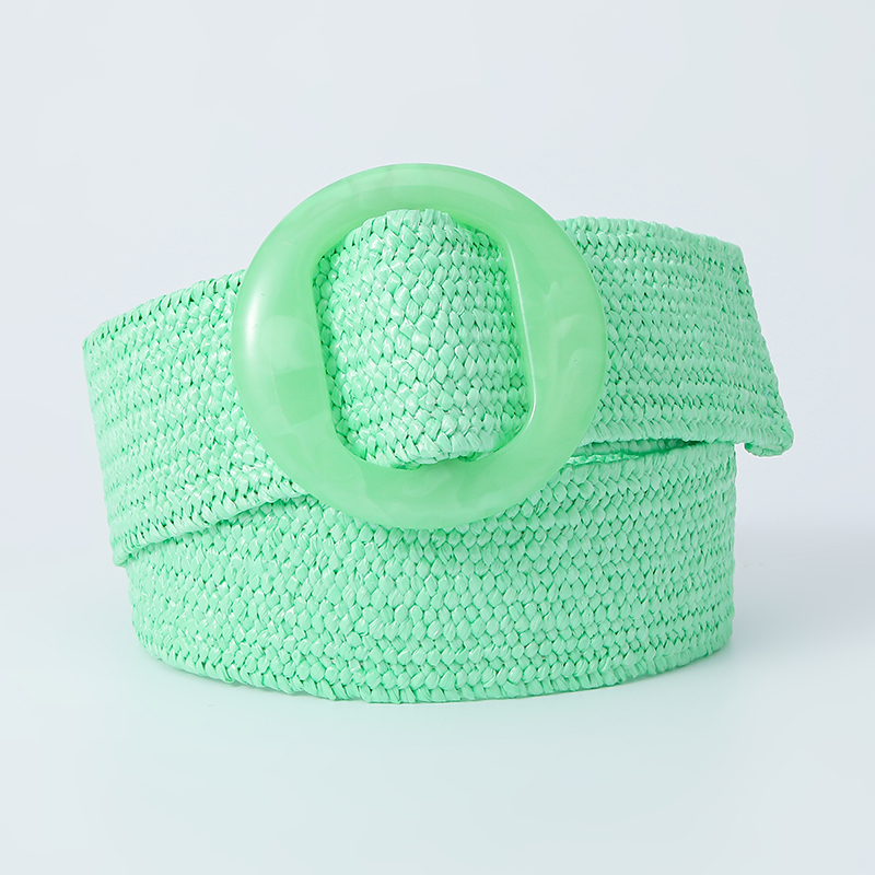  Women Straw Woven Elastic Wide Belt Solid Color with Matching Plastic Buckle