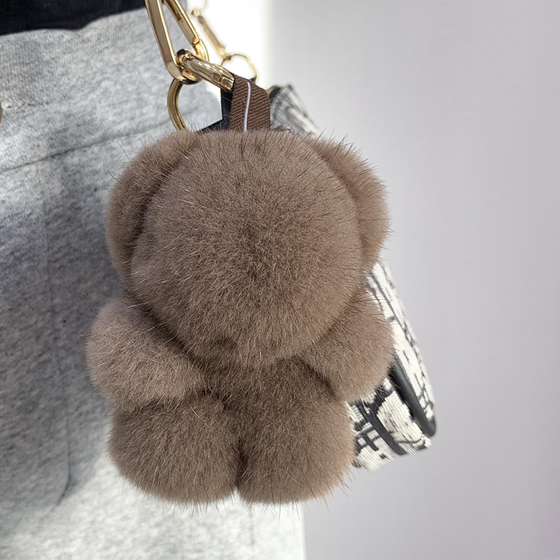 Women Bag Charm Trinkets Car Metal Key Rings Rear View Mirror Ornaments Cute Real Mink Fur Keychain Plush Panda Pendant Kids Toy