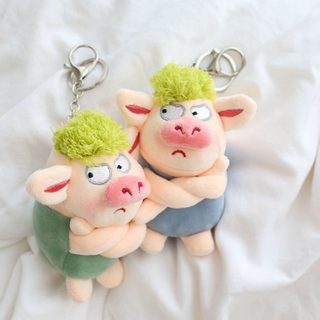 Adorable Animal Keychain Funny Green Hair Plush Animals Angry Pig Doll Pendant Car Backpack Decoration Soft Stuffed Toy Gif