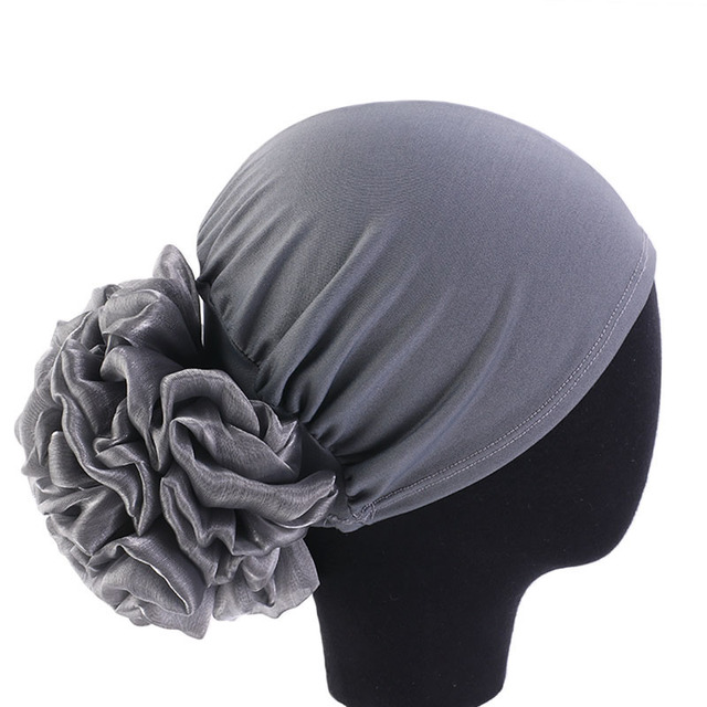 Women's Hijabs Big Flower Turban Hair Accessories Elastic Cloth Hair Bands Hat Beanie Ladies Muslim Solid Hair Loss Scarf Cap