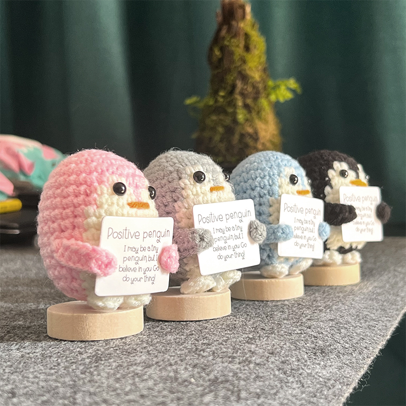 Positive Energy Penguin Mini Handmade Plush Wool Knitting Doll With Card Funny Christams Gift Home Room Decoration Souvenirs