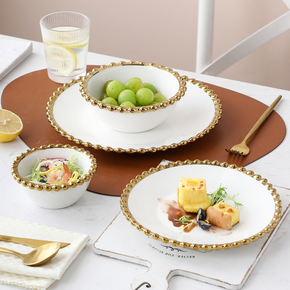 Nordic Ceramic Dinner Plate with Gold Beaded Rim Round Dessert Appetizer Serving Dishes Soup Salad Bowl Food Snack Container
