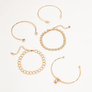 Trendy Geometric Link Chain Bracelet Set For Women Rhinestones Gold Color Leaves Heart Pendant Open Cuff Bangle Girls Jewelry