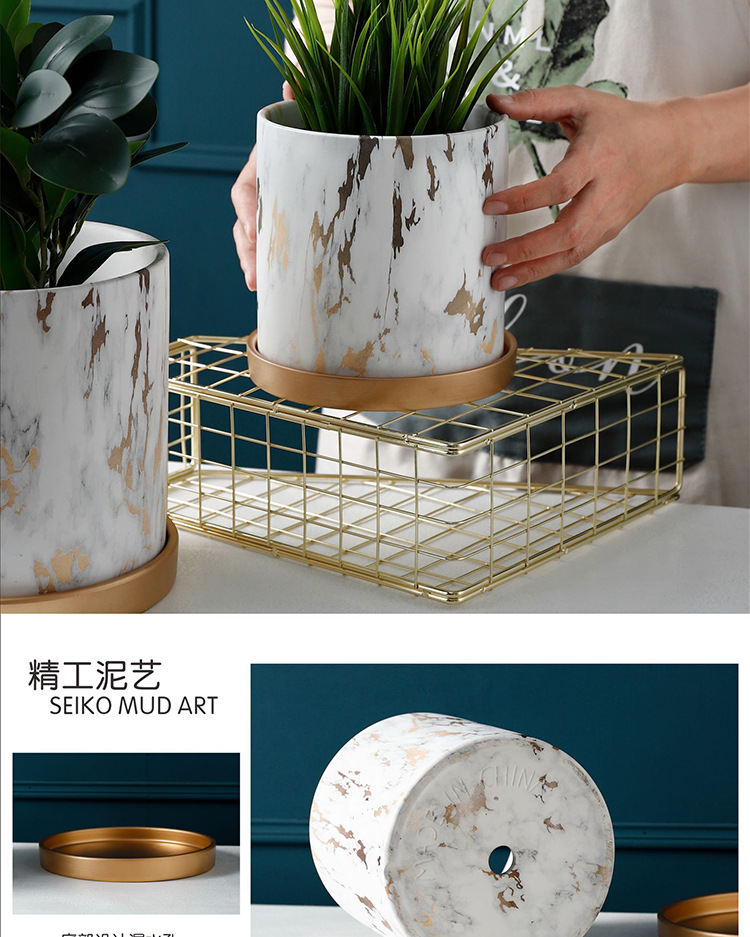 1pc Marble Style Creative Ceramic Plant Pot With Gold Tray Household Decoration Plants Holder
