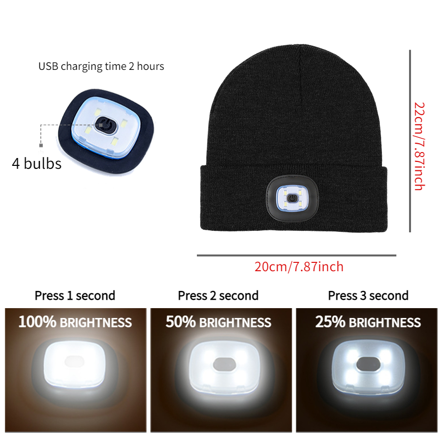  USB Rechargeable Night Flashlight Knitted Hat LED Lighted Winter Beanie 4 Headlamp Winter Beanie Hat with Light