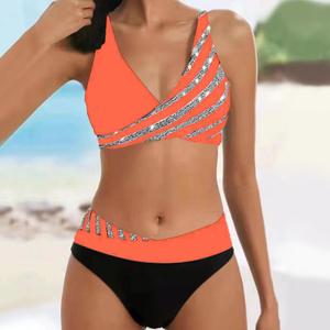 Women'S Youth Stylish Bikini Swimwear Shiny Striped Patchwork Color Contrast Tankini Swimsuit Holiday Vacation Travel Beach Wear