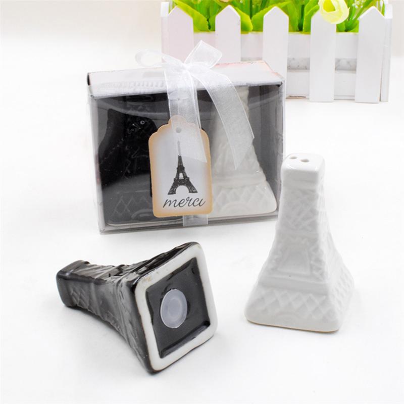 2pcs Vintage Eiffel Tower Salt Pepper Shaker Ceramic Spice Sauces Jar Condiment Bottles Wedding Souvenirs (Black And White)