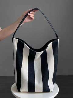 Niche Striped Canvas Bucket Bag for Women, Large Capacity Lazy Style Commuting Tote Bag,2024 New Single Shoulder Large Bag Trend
