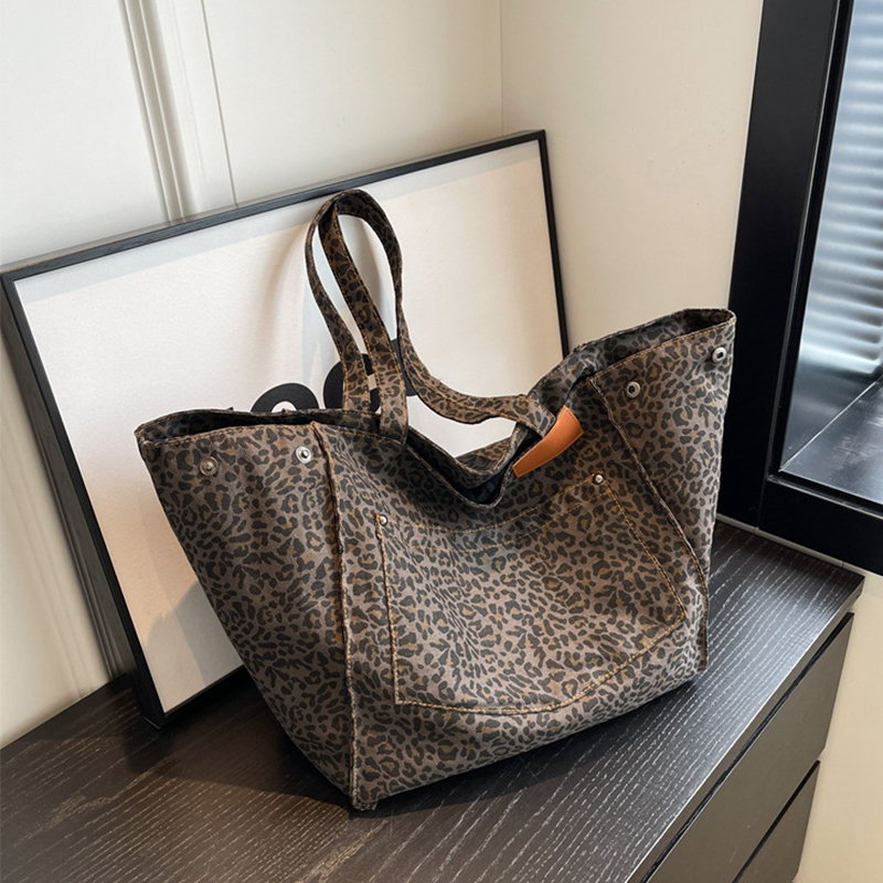 Leopard Pattern Tote Bag Vintage Canvas Shoulder Bag Fashion Big Capacity Handbag For School Work Shopping