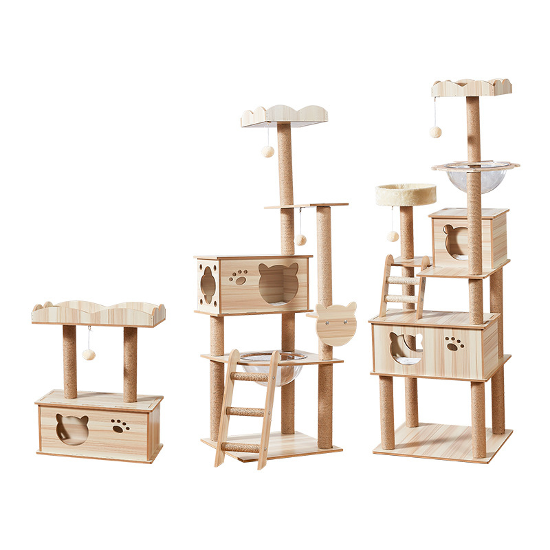 Wholesale Big Luxury Solid Wood Sisal Rope Style Cat House Pet Furniture Cat Trees Modern Wooden Cat Tree Tower