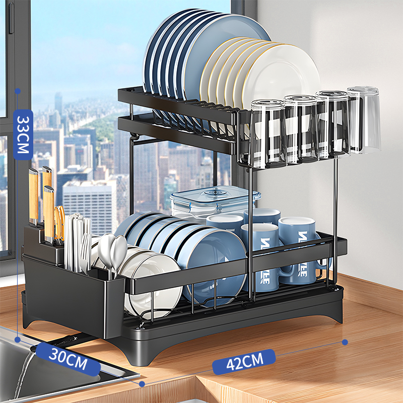 Detachable Multifunction Kitchen Dish Rack Drainer 2 Tier Dish Drying Rack Cutlery Storage Holder