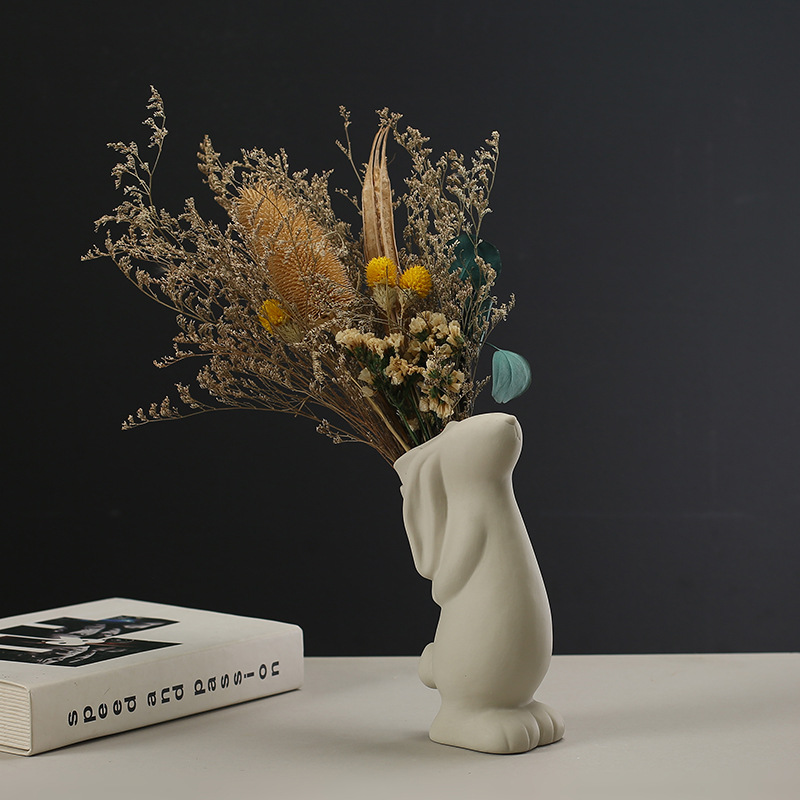20.3cm Nordic White Ceramic Decoration Dried Flower Vase Foyer Desktop Study Cute Rabbit Ornament Living Room Flower Planter