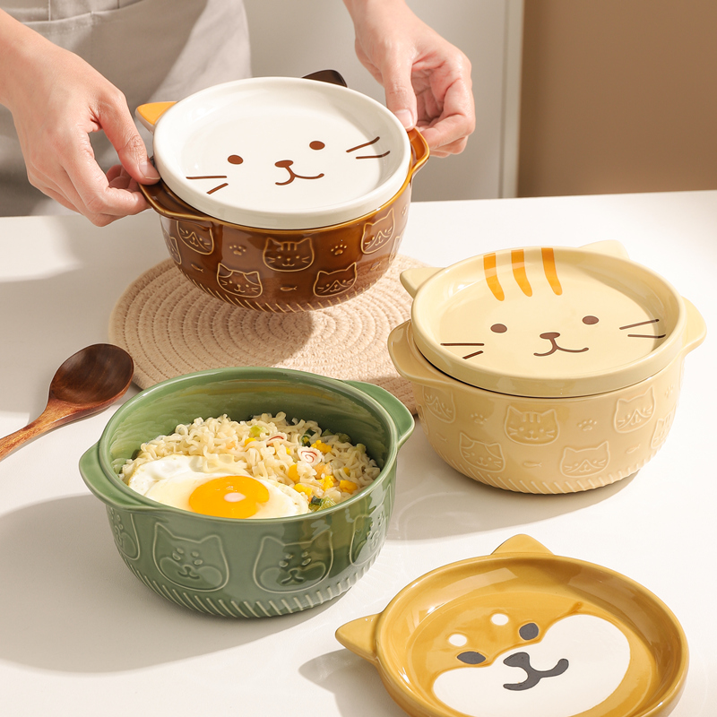 Cartoon Cat Fruit Bowl with Lid Ceramic Breakfast Cup Delicate Animal Salad Dessert Noodle Soup Large Bowl Kitchen Tableware New