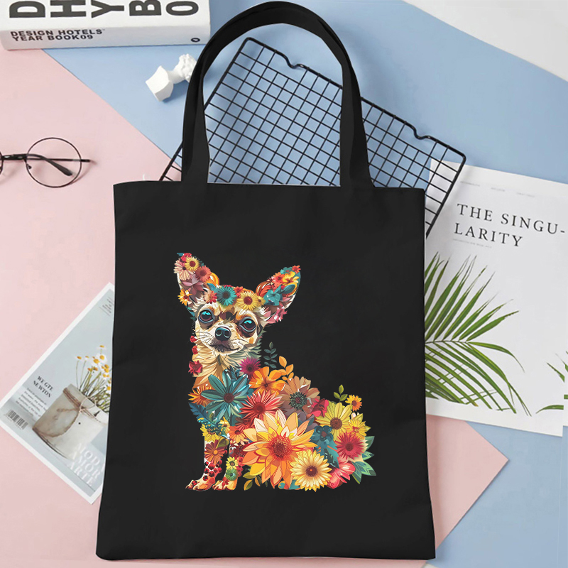 Watercolor Floral Dog Print Canvas Bag Women Fashion Shoulder Totebag Female Shopping Bags Girl Student School Bags Animal Totes