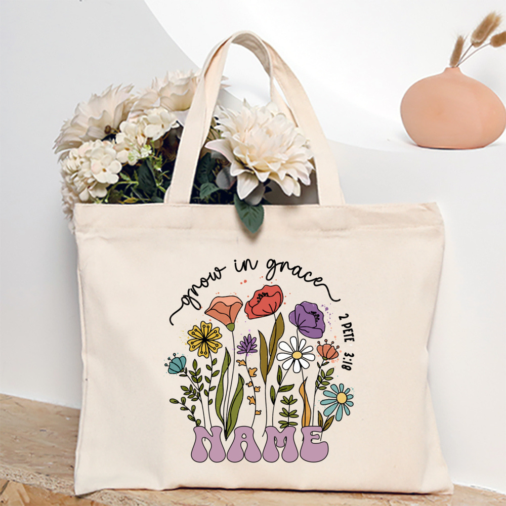 Personalized Flower with Name Tote Bag Women Canvas Shoulder Bags Monogram Shopping Bag Handbags Birthday Wedding Gifts For Her
