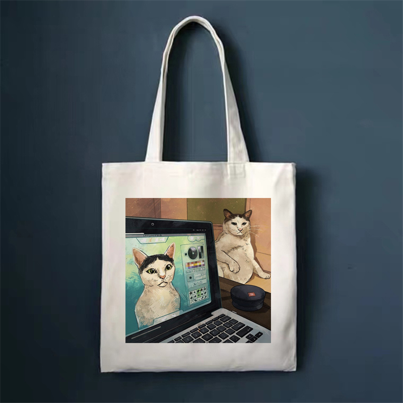 Cute Cat Shopping Bag Shopper Bags Tote Canvas Bag Harajuku Reusable Large Capacity Women Casual Shoulder Bag Handbag